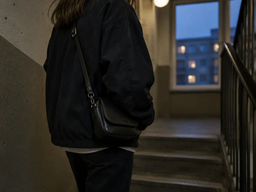 Person i mörk jacka med en liten svart axelremsväska i ett trapphus i ett flerfamiljshus en kväll
