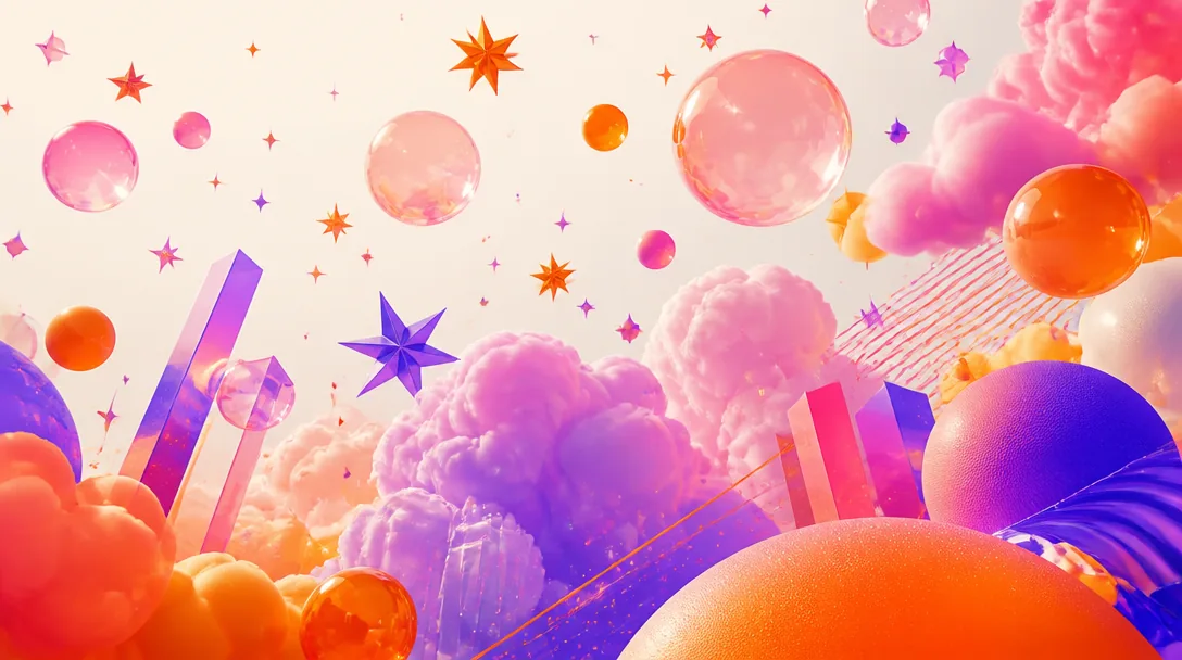 Drömsk abstrakt illustration i rosa, violett och orange med svävande former som symboliserar dagdrömmar
