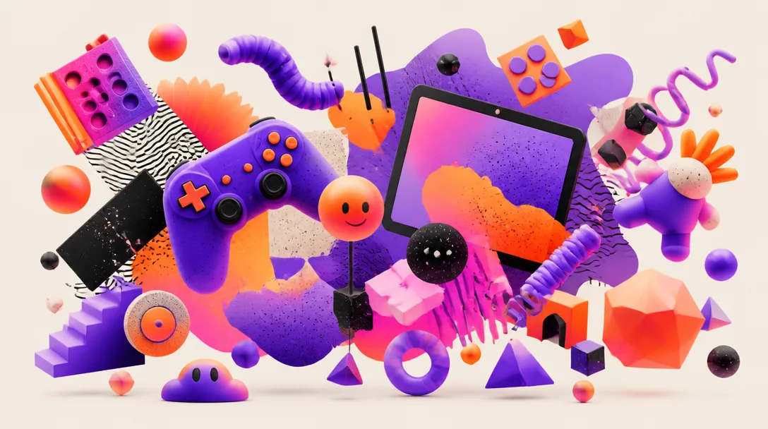Färgstark abstrakt kollage-illustration i violett och orange med lekfulla geometriska former