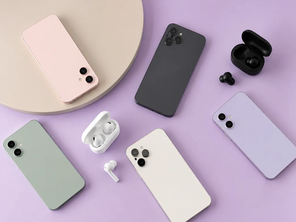 Overhead flat lay av flera smartphones och hörlurar arrangerade på en pastellfärgad yta — symbol för Gen Z:s digitala liv
