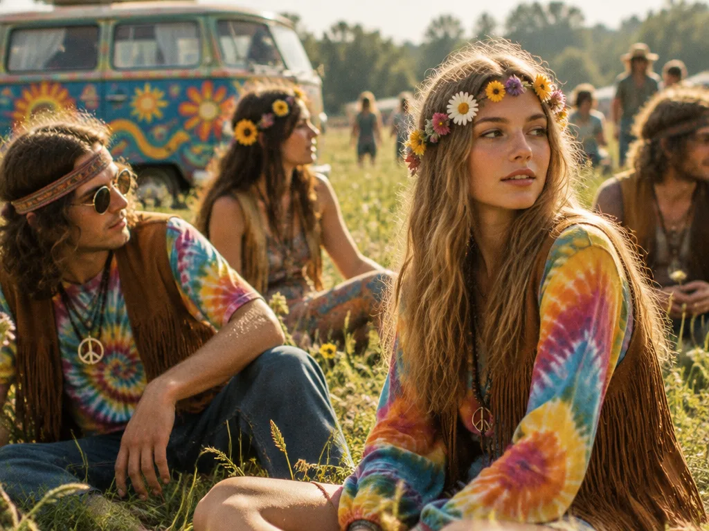 Unga hippier i batikmönstrade tröjor, fransvästar och blomkransar i håret sitter i gräset på en festivaläng med en målad folkabuss i bakgrunden