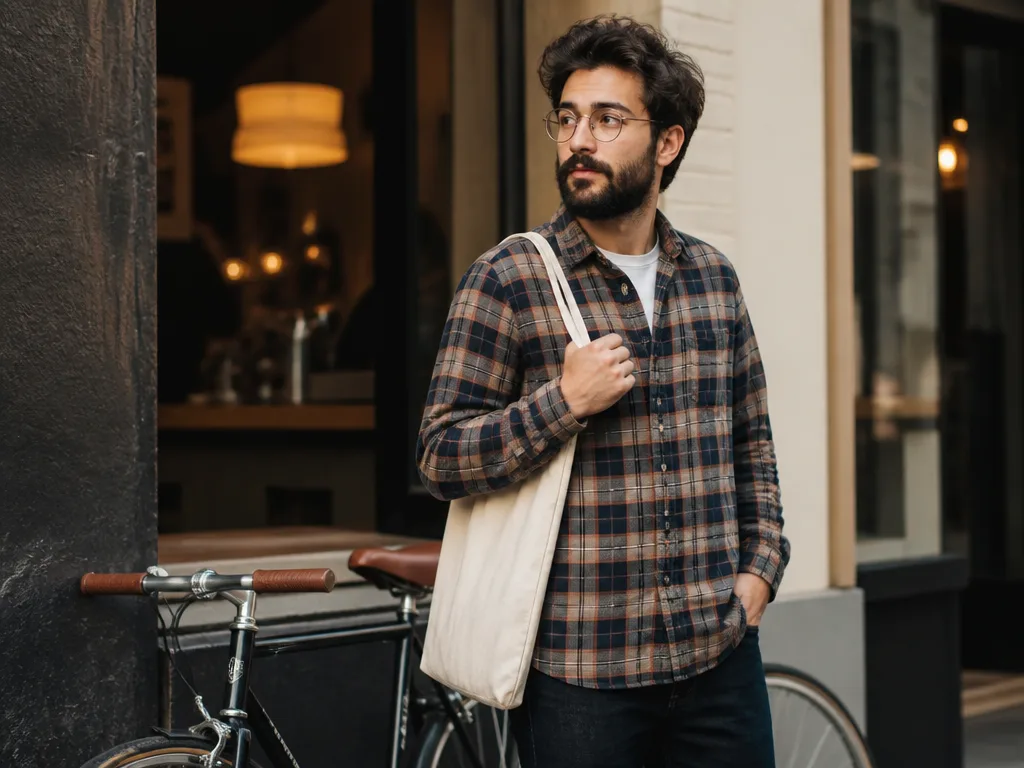 Ung person med skägg och rundade glasögon i rutig flanellskjorta bredvid en fixed gear-cykel utanför ett urbant kafé