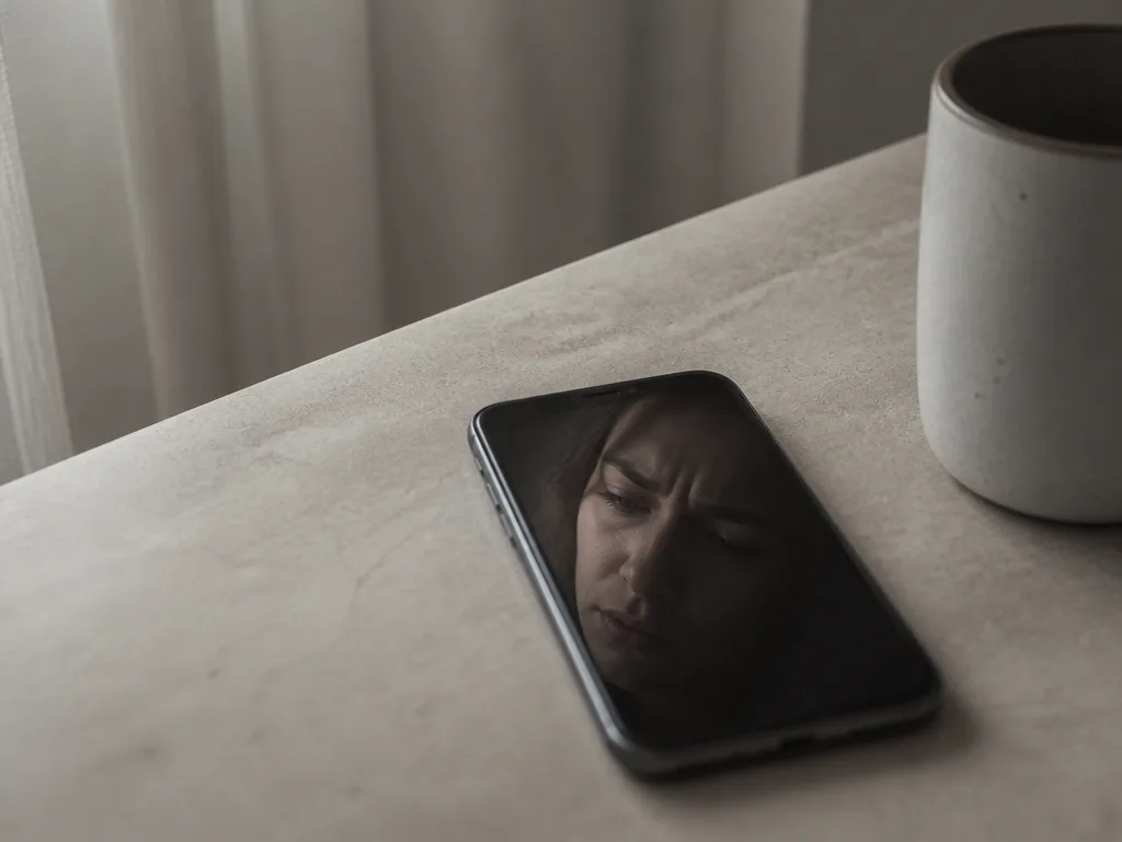 Stilleben med en mobiltelefon i mjukt overcast-ljus, dämpade gråa och beigea toner som förmedlar en besviken, keff stämning