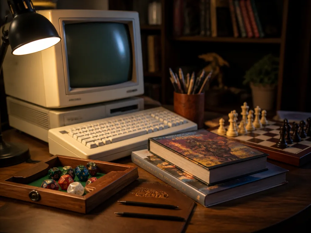 Mysigt skrivbord med en retrodator, rollspelstärningar, serietidningar och ett schackspel i varmt ljus