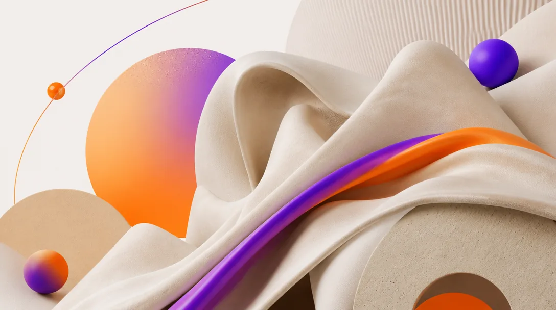 Stilren abstrakt komposition i dova beigetoner med en violett och orange accent som kontrast