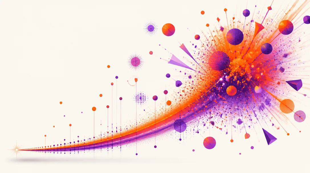 Abstrakt visualisering av en spridningskurva i violett och orange, från liten gnista till explosion