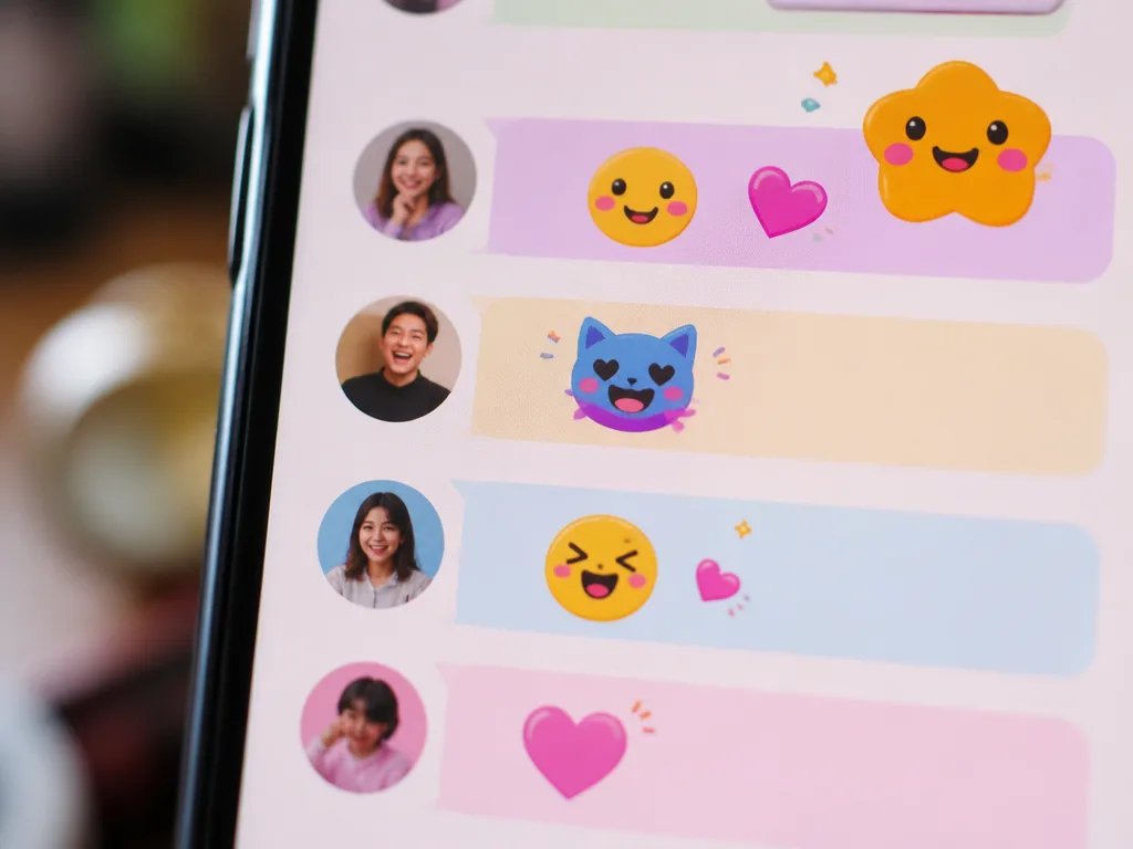 Smartphone-skärm med en färgglad kommentarssektion fylld av lekfulla emoji-stickers
