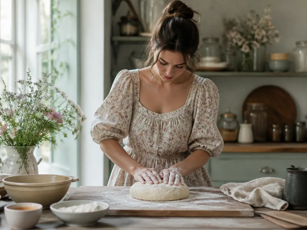Kvinna i vintageinspirerad klänning knådar surdegsbröd i ett solbelyst lantkök med pastellfärgad inredning
