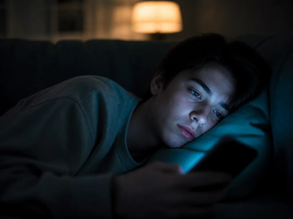 Ung person i mörkt rum upplyst av mobiltelefonens sken, scrollar med tomt uttryck — illustrerar brain rot-fenomenet