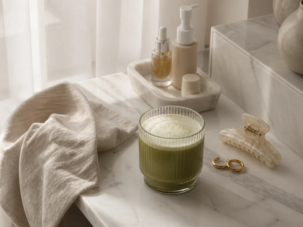 Minimalistisk morgonrutin med matcha-latte och hudvårdsprodukter på vit marmor — symbolen för clean girl-estetiken