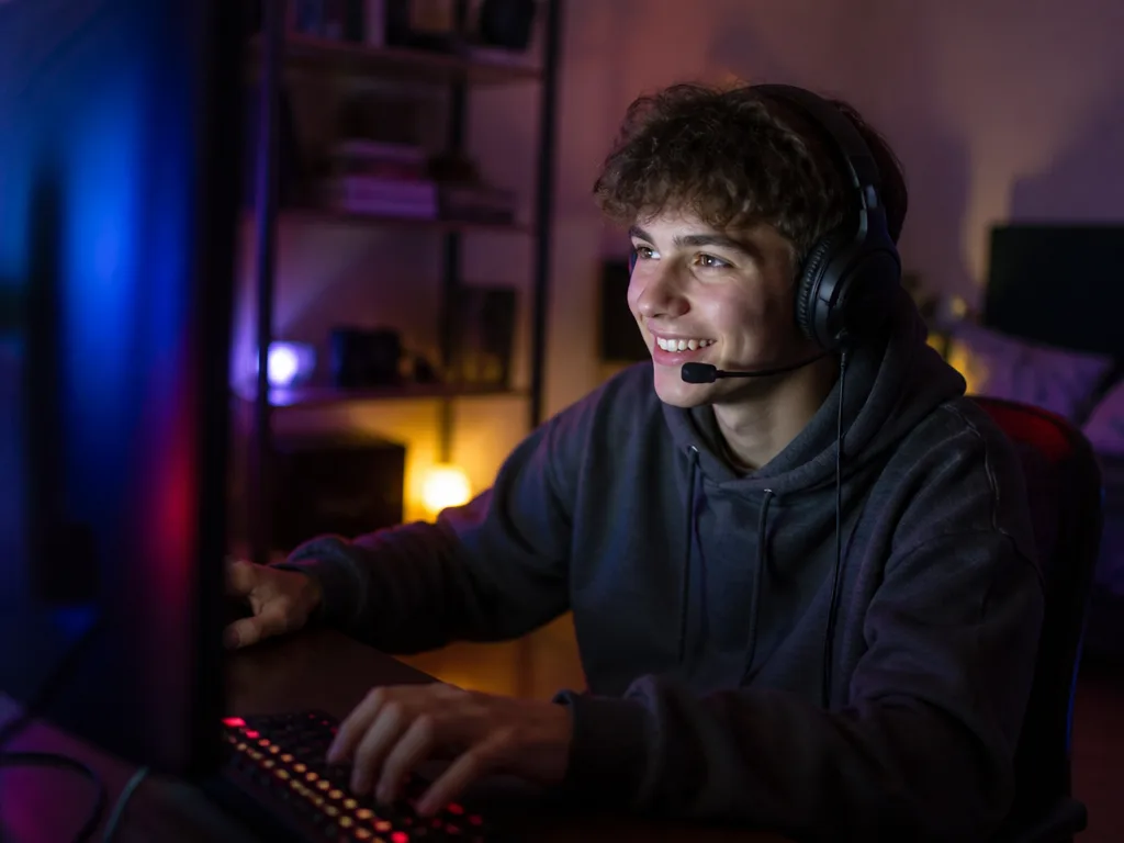 Ung person som chattar och spelar framför en dator med headset, i ett mörkt rum upplyst av skärmen