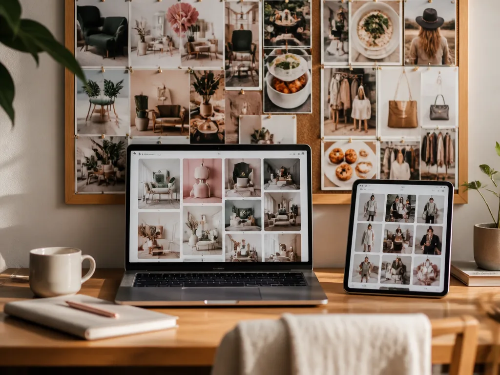 En hemarbetsplats med laptop och surfplatta som visar färgglada moodboards med inredning, mode och recept, uppsatta på en korkanslagstavla