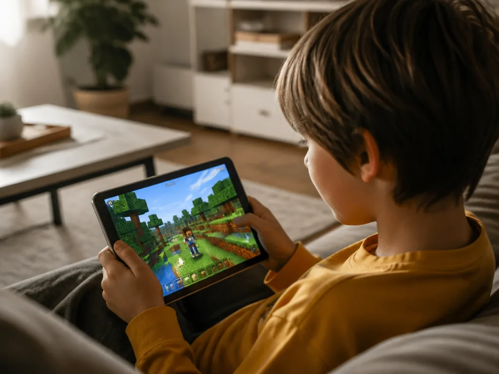 Barn som spelar på surfplatta i soffan hemma, med färgstarka spelfigurer på skärmen