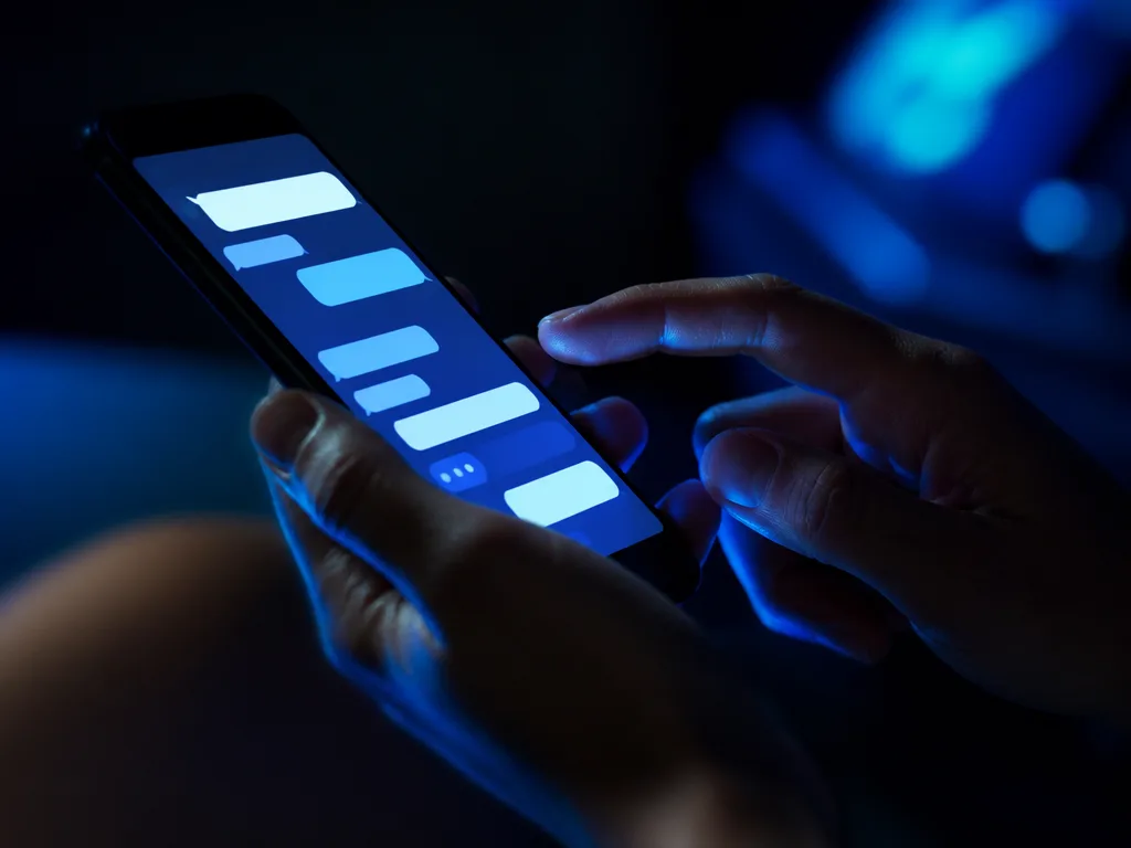 En smartphone som lyser upp i mörkret med chattbubblor på skärmen, symbol för meddelandeappar som Telegram