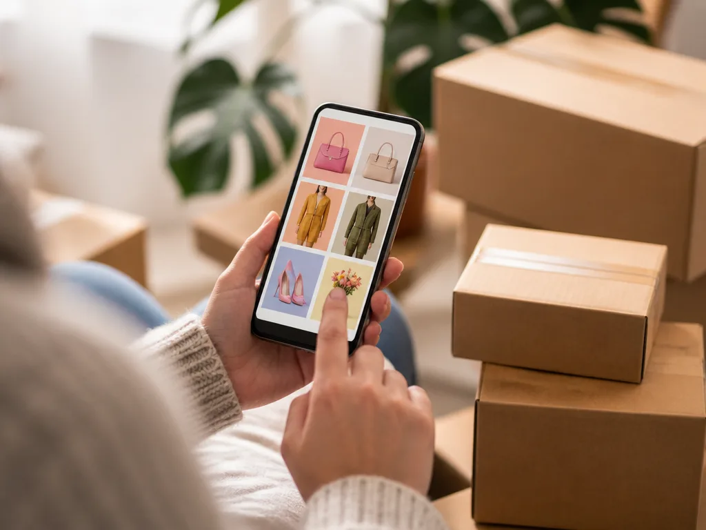 Smartphone som visar ett rutnät med produkter i en shoppingapp, med paket i bakgrunden