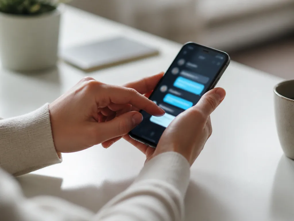 Händer som skriver på en smartphone med ett lysande textkonversationsgränssnitt på skärmen