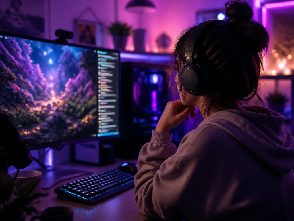 Mysig gamingstation på kvällen med glödande skärm som visar en livesändning och chatt, tangentbord och headset i lila ambient-belysning