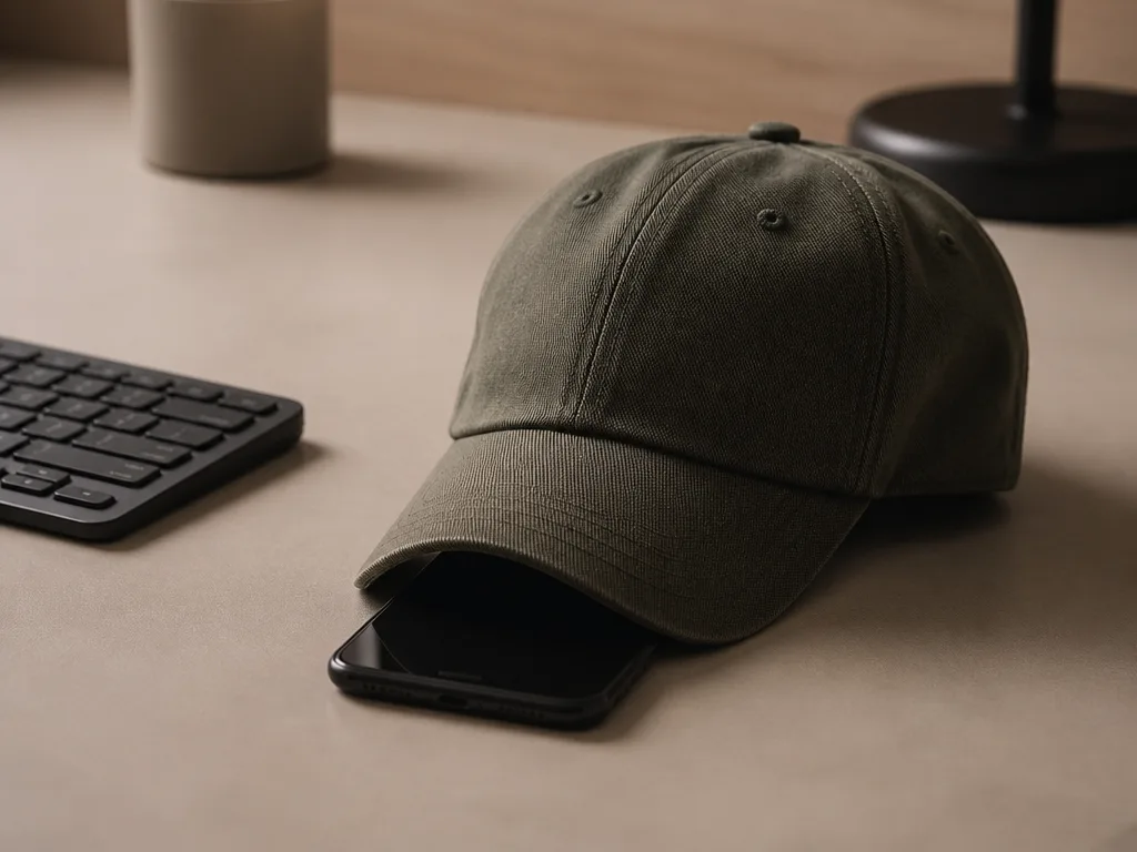 Baseballkeps liggande bredvid en smartphone på ett minimalistiskt skrivbord — symbol för cap-slangen och att kalla ut lögner online