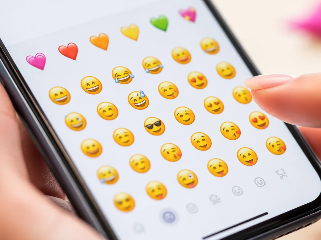 Närbild på en smarttelefon med färgglatt emoji-tangentbord med gula smileys och hjärtsymboler