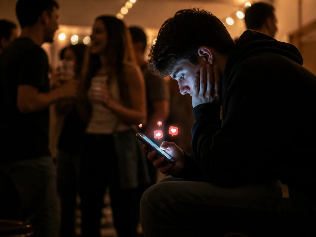 Person som sitter ensam och kollar en glödande mobiltelefon medan suddiga vänner skrattar i bakgrunden på en fest