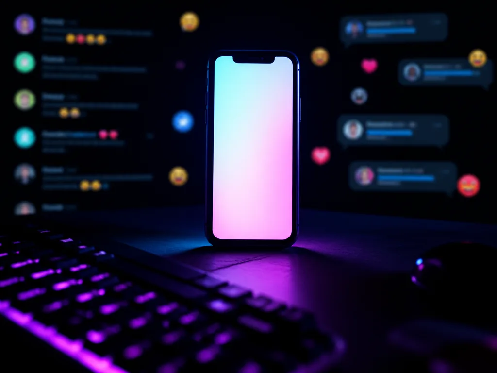 Smartphone med lysande skärm och neonbelysning i lila och cyan — symboliserar TikTok- och streaming-kulturen där gyatt-slangen uppstod