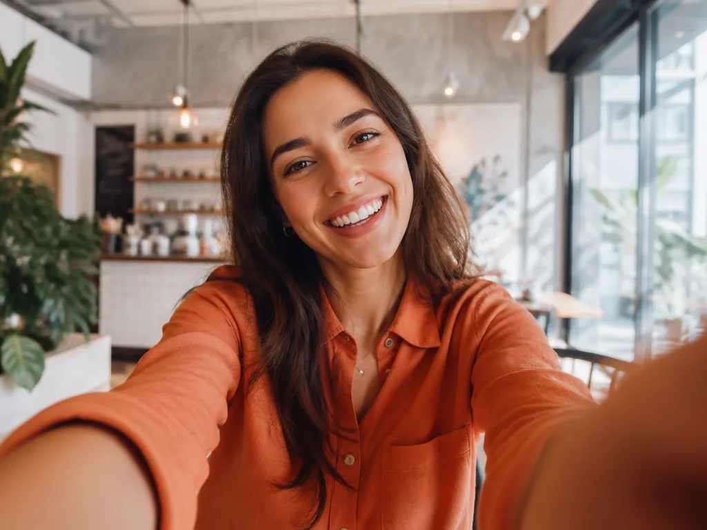 Person håller upp en smartphone och filmar ur ett first-person-perspektiv i ett ljust café — symbolen för POV-format på TikTok