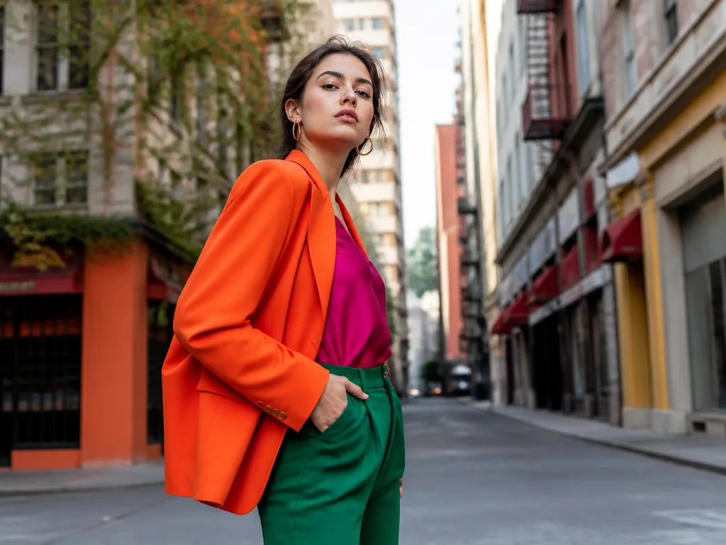 Ung kvinna i färgglad outfit slår en confident pose på en stadsgata – symboliserar slay-begreppet